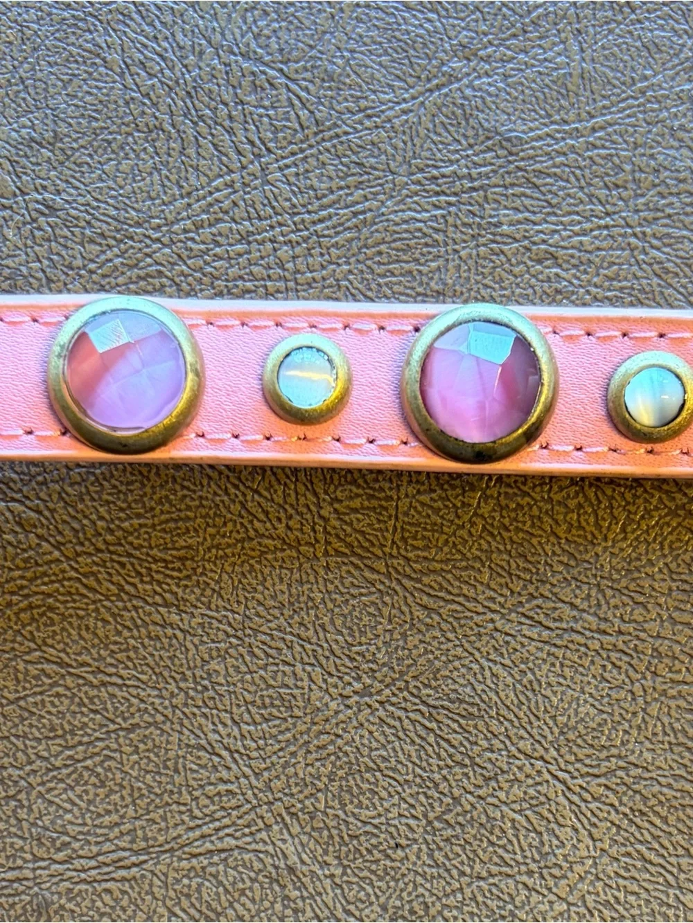 Pink Leather Gems Collar with Genuine Gemstones Crystals Jewels Brass Hardware